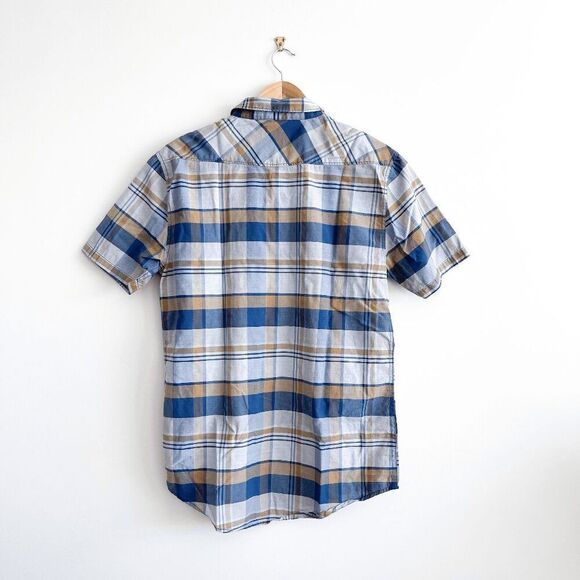 Billabong Mens Short Sleeves Button-Up Plaid Shirt Blue Tan Size Large - Picture 2 of 8